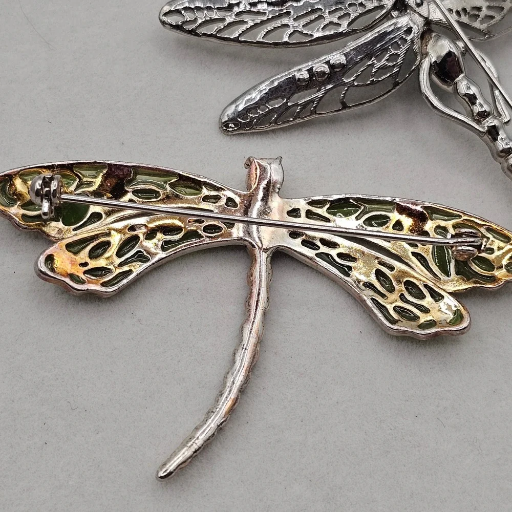 Dragonfly Brooch Pin Set 2pc Silver Tone Blue Green Rhinestone Enamel Pastels